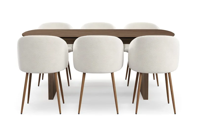 Richeto Ruokailuryhmä, jossa 6 Greya Ruokatuolia käsinojilla, Savustettu Tammi/Valkoinen Bouclé