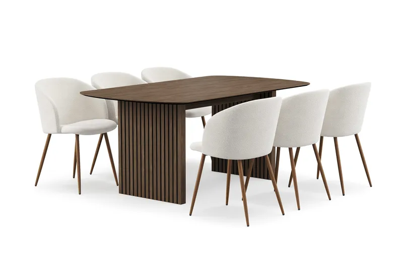 Richeto-ruokailuryhmä, jossa 6 Greya-ruokatuolia käsinojilla - Savutammi/Valkoinen bouclé - Huonekalut - Pöytä & ruokailuryhmä - Ruokailuryhmä