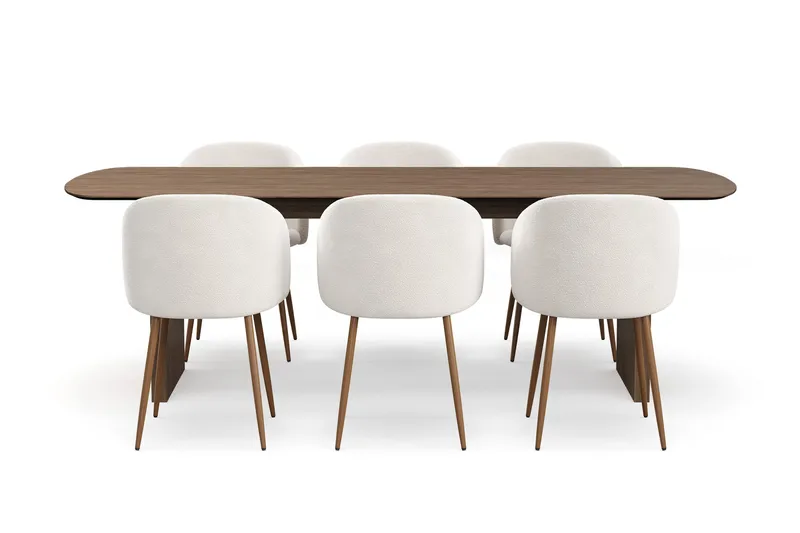 Richeto-ruokailuryhmä, jossa 6 Greya-ruokatuolia käsinojilla, Savutammi/Valkoinen bouclé