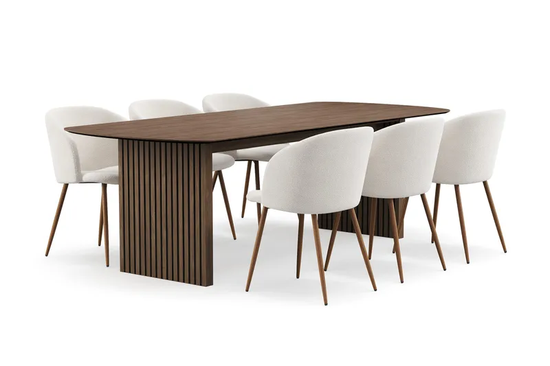 Richeto-ruokailuryhmä, jossa 6 Greya-ruokatuolia käsinojilla - Savutammi/Valkoinen bouclé - Huonekalut - Pöytä & ruokailuryhmä - Ruokailuryhmä