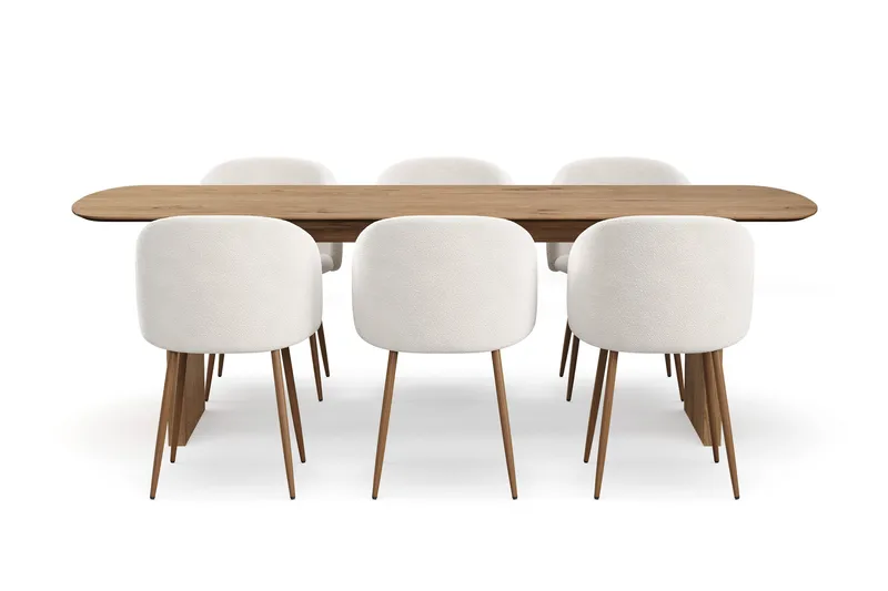 Richeto-ruokailuryhmä, jossa 6 Greya-ruokatuolia käsinojilla, Savutammi/Valkoinen bouclé