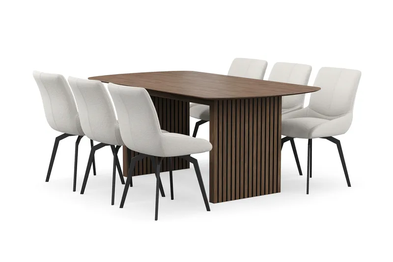 Richeto-ruokailuryhmä 180 cm ja 6 Mora-pyörivää tuolia, Savustettu tammi / vaalea beige