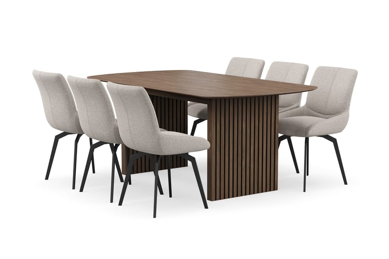 Richeto-ruokailuryhmä 180 cm ja 6 Mora-pyörivää tuolia - Savustettu tammi / tummanbeige - Huonekalut - Pöytä & ruokailuryhmä - Ruokailuryhmä