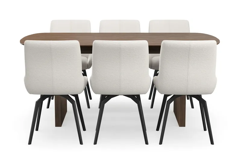 Richeto-ruokailuryhmä 180 cm ja 6 Mora-pyörivää tuolia - Savustettu tammi / vaalea beige - Huonekalut - Pöytä & ruokailuryhmä - Ruokailuryhmä