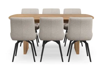 Richeto-ruokailuryhmä 180 cm ja 6 Mora-pyörivää tuolia - Luonnollinen viimeistely / tummanbeige - Huonekalut - Pöytä & ruokailuryhmä - Ruokailuryhmä