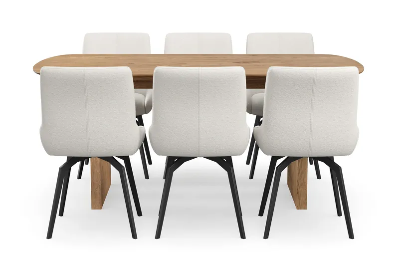 Richeto-ruokailuryhmä 180 cm ja 6 Mora-pyörivää tuolia - Luonnollinen viimeistely / vaalea beige - Huonekalut - Pöytä & ruokailuryhmä - Ruokailuryhmä