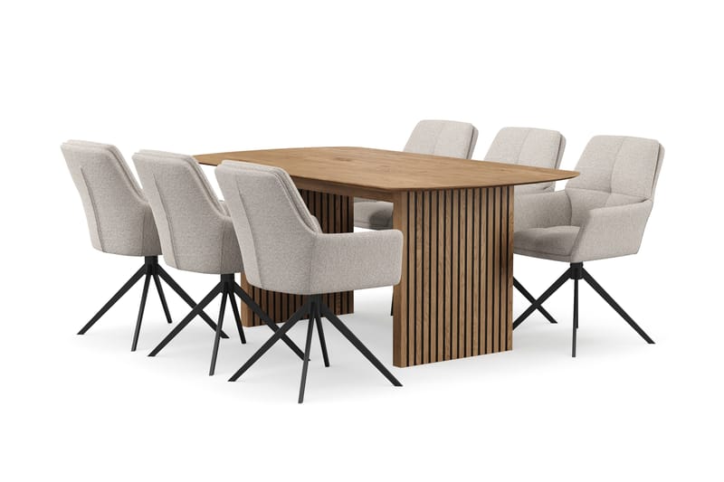Richeto-ruokailuryhmä 180 cm ja 6 Torsby-pyörivää tuolia, Luonnollinen viimeistely / tummanbeige
