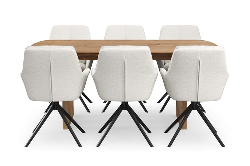 Richeto-ruokailuryhmä 180 cm ja 6 Torsby-pyörivää tuolia - Luonnollinen viimeistely / vaalea beige - Huonekalut - Pöytä & ruokailuryhmä - Ruokailuryhmä