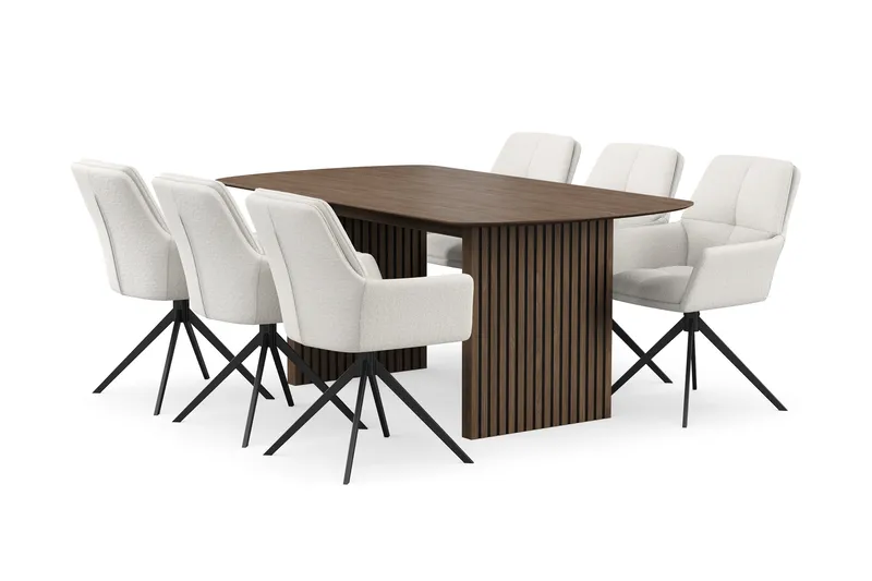 Richeto-ruokailuryhmä 180 cm ja 6 Torsby-pyörivää tuolia, Savustettu tammi / vaalea beige