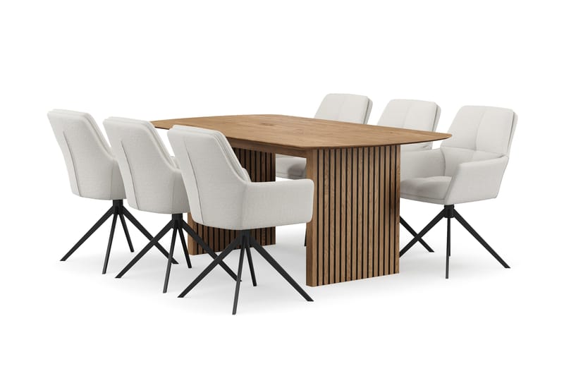 Richeto-ruokailuryhmä 180 cm ja 6 Torsby-pyörivää tuolia - Luonnollinen viimeistely / vaalea beige - Huonekalut - Pöytä & ruokailuryhmä - Ruokailuryhmä