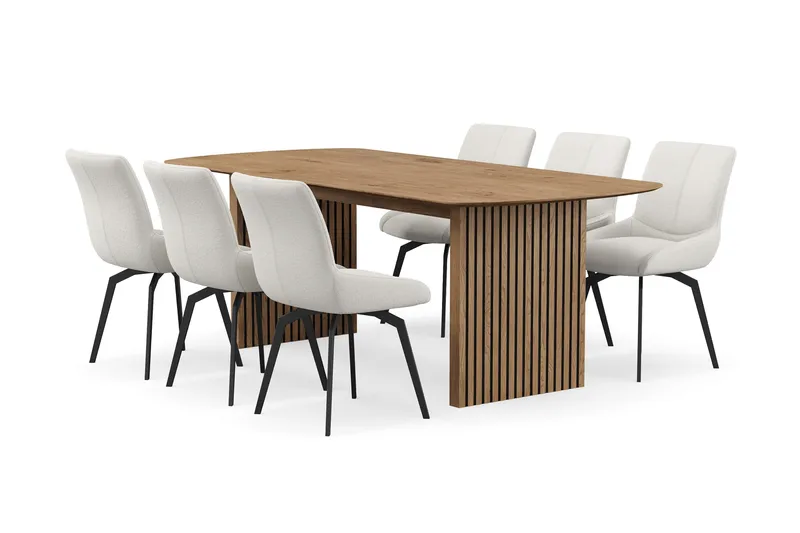 Richeto-ruokailuryhmä 210 cm ja 6 Mora-pyörivää tuolia, Luonnollinen viimeistely / vaalea beige