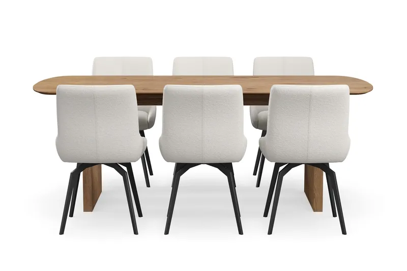 Richeto-ruokailuryhmä 210 cm ja 6 Mora-pyörivää tuolia - Luonnollinen viimeistely / vaalea beige - Huonekalut - Pöytä & ruokailuryhmä - Ruokailuryhmä