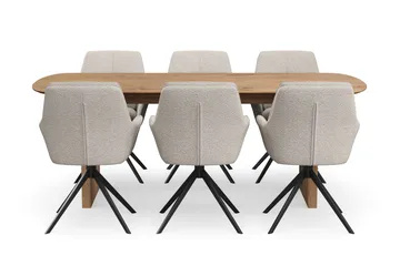 Richeto-ruokailuryhmä 210 cm ja 6 Torsby-pyörivää tuolia - Luonnollinen viimeistely / tummanbeige - Huonekalut - Pöytä & ruokailuryhmä - Ruokailuryhmä