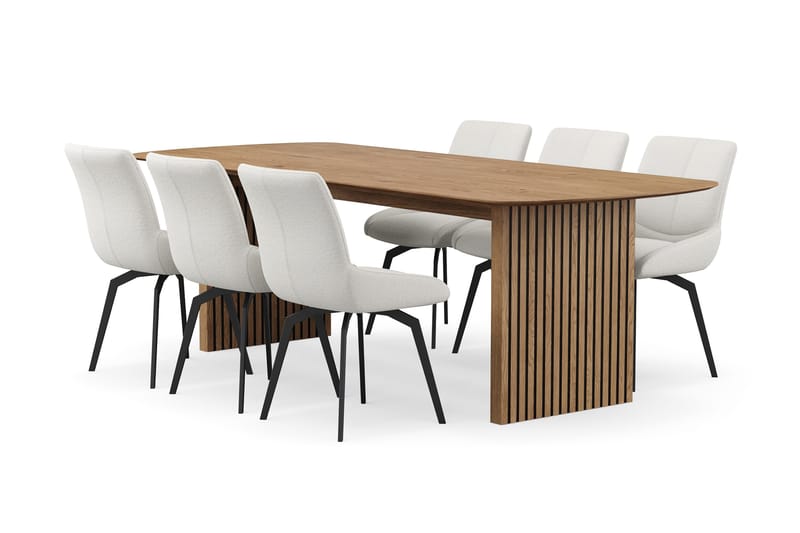 Richeto-ruokailuryhmä 240 cm ja 6 Mora-pyörivää tuolia, Luonnollinen viimeistely / vaalea beige