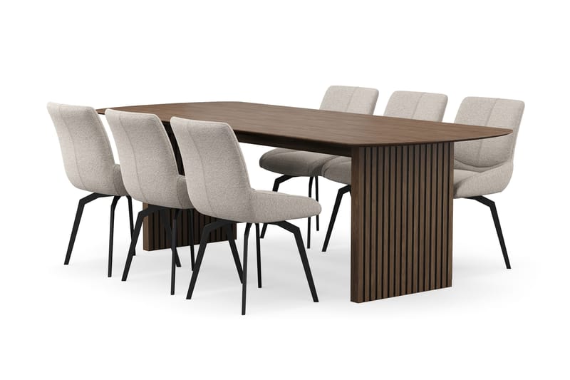 Richeto-ruokailuryhmä 240 cm ja 6 Mora-pyörivää tuolia - Savustettu tammi / tummanbeige - Huonekalut - Pöytä & ruokailuryhmä - Ruokailuryhmä