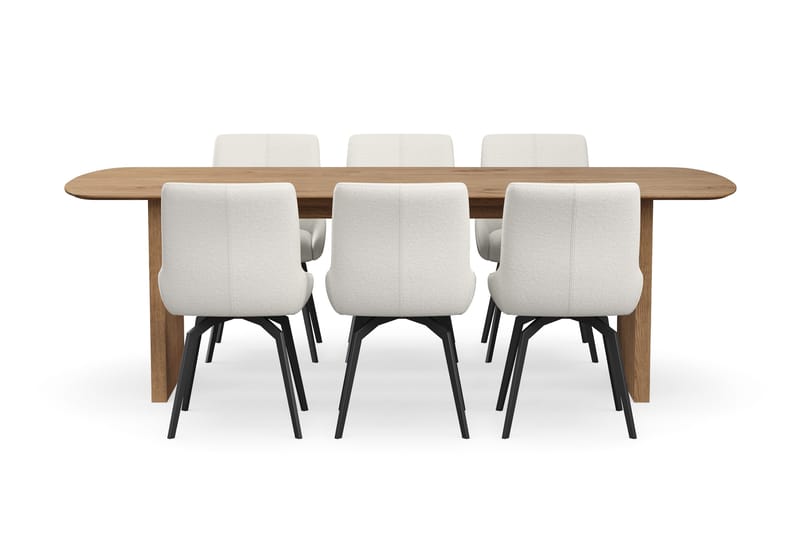 Richeto-ruokailuryhmä 240 cm ja 6 Mora-pyörivää tuolia - Luonnollinen viimeistely / vaalea beige - Huonekalut - Pöytä & ruokailuryhmä - Ruokailuryhmä