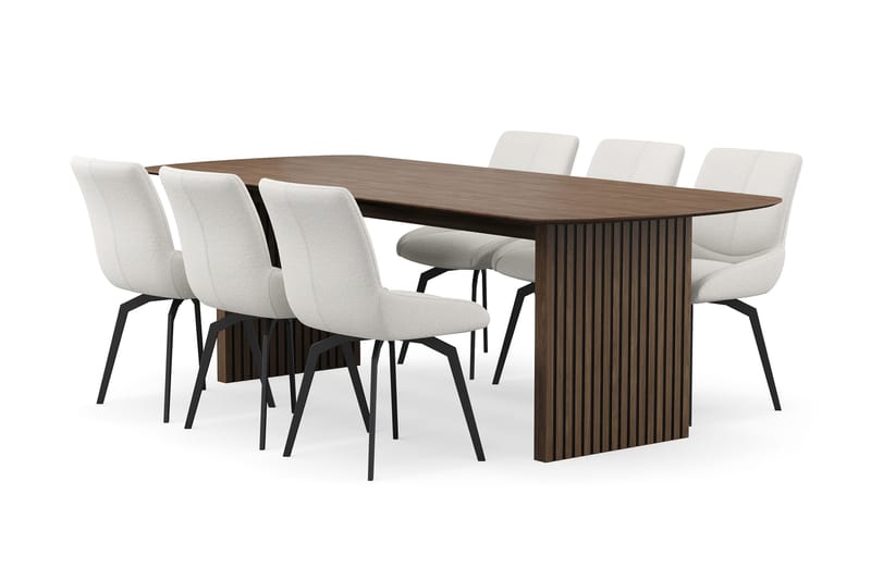 Richeto-ruokailuryhmä 240 cm ja 6 Mora-pyörivää tuolia, Savustettu tammi / vaalea beige