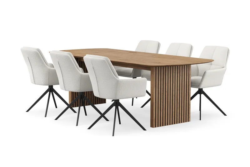 Richeto-ruokailuryhmä 240 cm ja 6 Torsby-pyörivää tuolia, Luonnollinen viimeistely / vaalea beige