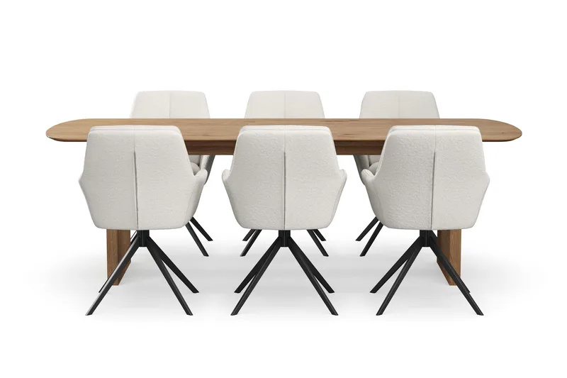 Richeto-ruokailuryhmä 240 cm ja 6 Torsby-pyörivää tuolia - Luonnollinen viimeistely / vaalea beige - Huonekalut - Pöytä & ruokailuryhmä - Ruokailuryhmä