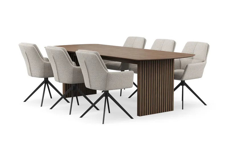 Richeto-ruokailuryhmä 240 cm ja 6 Torsby-pyörivää tuolia - Savustettu tammi / tummanbeige - Huonekalut - Pöytä & ruokailuryhmä - Ruokailuryhmä