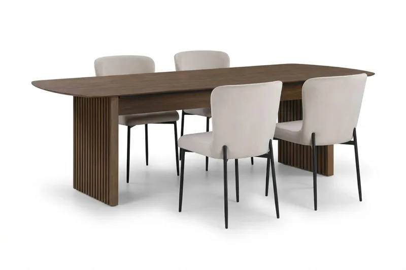 Richeto-ruokailuryhmä savustettu tammi 180 cm, 4 Elsie-ruokatuolia - Savustettu tammi/beige - Huonekalut - Pöytä & ruokailuryhmä - Ruokailuryhmä