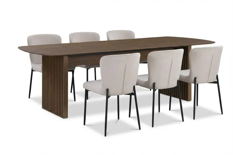 Richeto-ruokailuryhmä savustettu tammi 210 cm, 6 Elsie-ruokatuolia, Savustettu tammi/beige