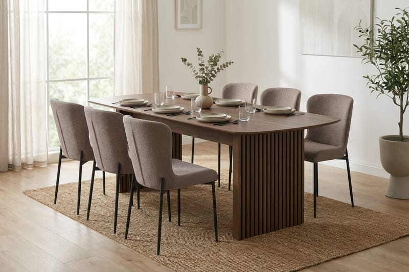 Richeto-ruokailuryhmä savustettu tammi 210 cm, 6 Elsie-ruokatuolia - Savustettu tammi/harmaa - Huonekalut - Pöytä & ruokailuryhmä - Ruokailuryhmä