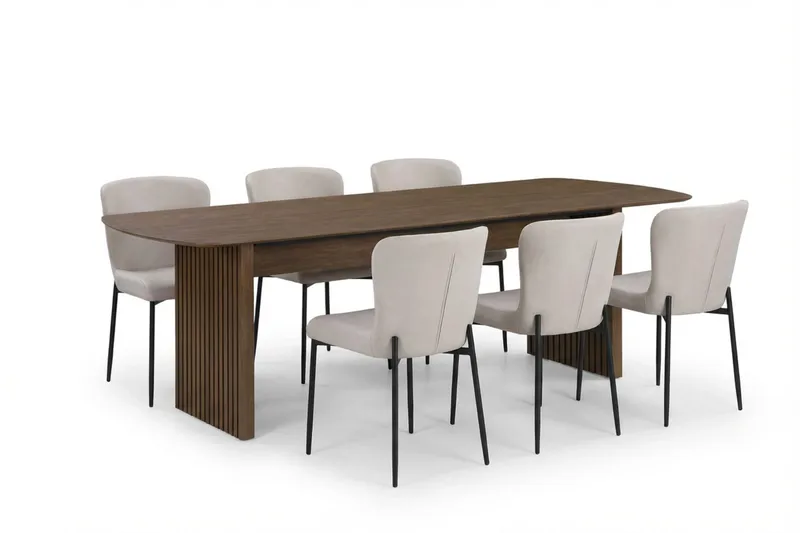 Richeto-ruokailuryhmä savustettu tammi 240 cm, 6 Elsie-ruokatuolia, Savustettu tammi/beige