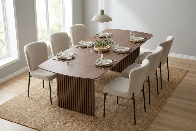 Richeto-ruokailuryhmä savustettu tammi 240 cm, 6 Elsie-ruokatuolia - Savustettu tammi/valkoinen - Huonekalut - Pöytä & ruokailuryhmä - Ruokailuryhmä