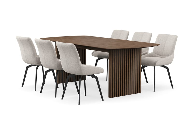 Richeto-ruokailuryhmä savutammea 210 cm ja 6 Mora-pyörivää tuolia - Savustettu tammi / tummanbeige - Huonekalut - Pöytä & ruokailuryhmä - Ruokailuryhmä