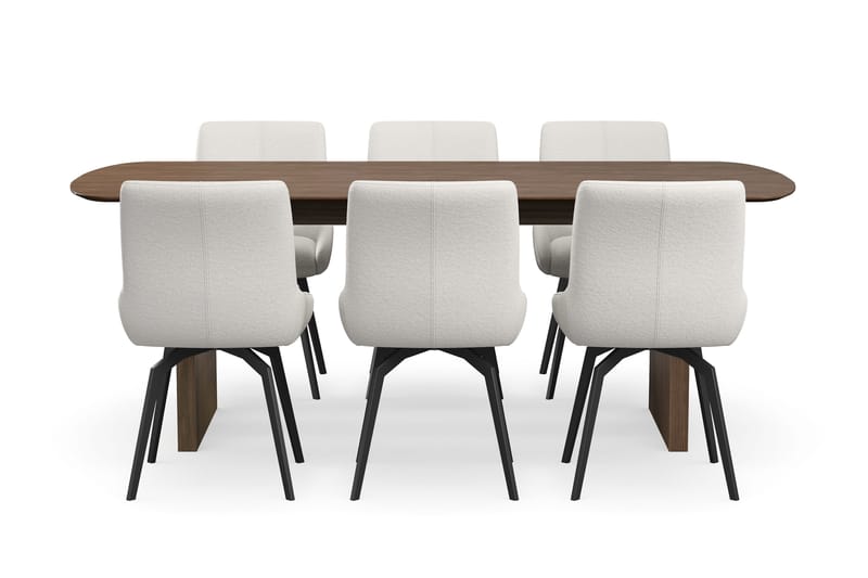 Richeto-ruokailuryhmä savutammea 210 cm ja 6 Mora-pyörivää tuolia - Savustettu tammi / vaalea beige - Huonekalut - Pöytä & ruokailuryhmä - Ruokailuryhmä