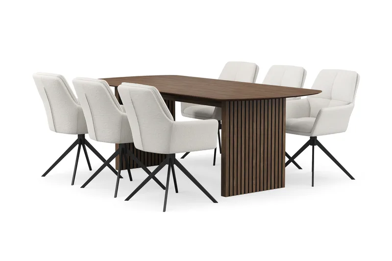 Richeto-ruokailuryhmä savutammea 210 cm ja 6 Torsby-pyörivää tuolia, Savustettu tammi / vaalea beige