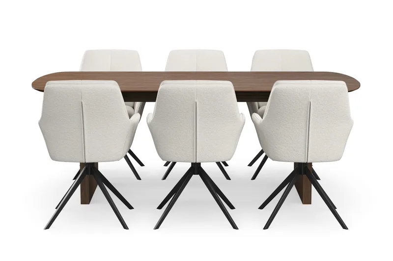 Richeto-ruokailuryhmä savutammea 210 cm ja 6 Torsby-pyörivää tuolia - Savustettu tammi / vaalea beige - Huonekalut - Pöytä & ruokailuryhmä - Ruokailuryhmä