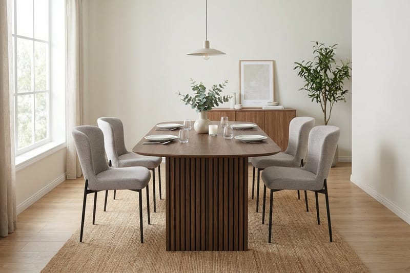 Richeto Ruokailuryhmä Savutammi 180 cm ja 4 Elsie Ruokatuolia - Savutammi/Vaaleanharmaa - Huonekalut - Pöytä & ruokailuryhmä - Ruokailuryhmä