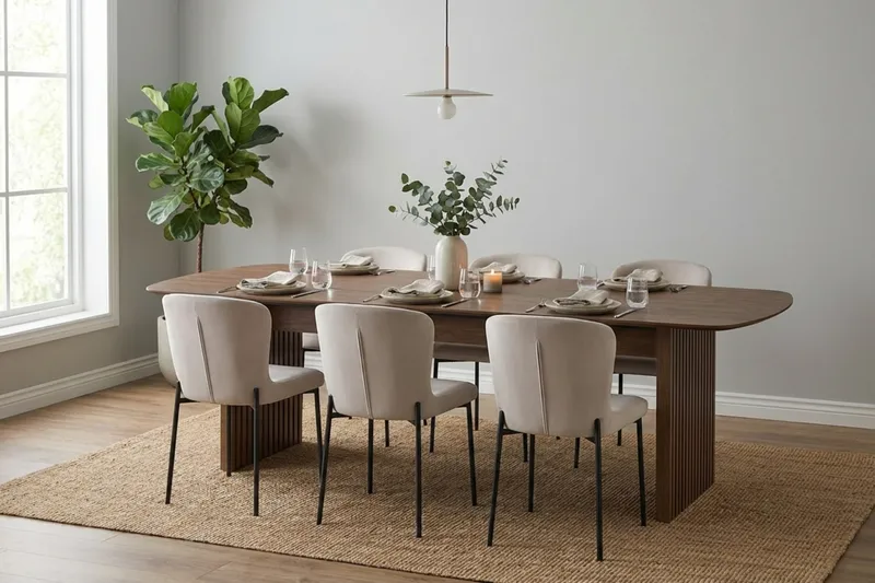 Richeto Ruokailuryhmä Savutammi 240 cm ja 6 Elsie Ruokatuolia - Savutammi/Beige - Huonekalut - Pöytä & ruokailuryhmä - Ruokailuryhmä