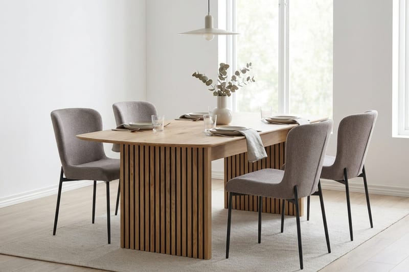 Richeto Ruokailuryhmä Tammi 180 cm ja 6 Elsie Ruokatuolia - Tammi/Harmaa - Huonekalut - Pöytä & ruokailuryhmä - Ruokailuryhmä