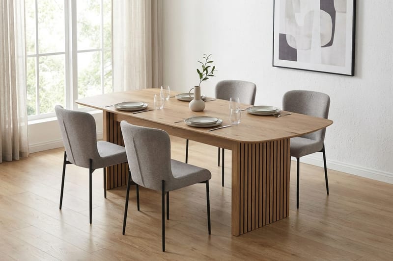 Richeto Ruokailuryhmä Tammi 180 cm ja 6 Elsie Ruokatuolia - Tammi/Vaaleanharmaa - Huonekalut - Pöytä & ruokailuryhmä - Ruokailuryhmä