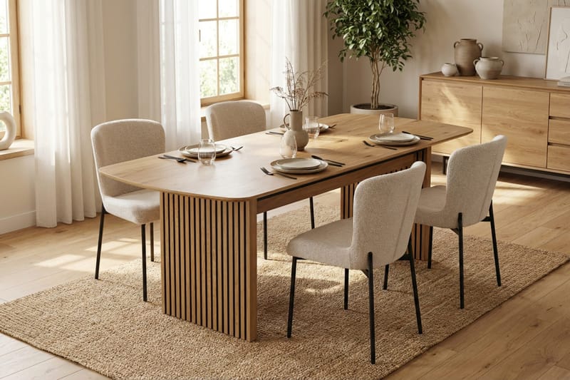 Richeto Ruokailuryhmä Tammi 180 cm ja 6 Elsie Ruokatuolia - Tammi/Valkoinen - Huonekalut - Pöytä & ruokailuryhmä - Ruokailuryhmä