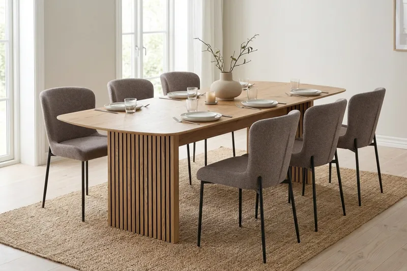 Richeto-ruokailuryhmä tammi 210 cm, 6 Elsie-ruokatuolia - Tammi/harmaa - Huonekalut - Pöytä & ruokailuryhmä - Ruokailuryhmä