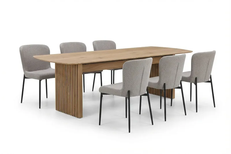 Richeto-ruokailuryhmä tammi 210 cm, 6 Elsie-ruokatuolia - Tammi/vaaleanharmaa - Huonekalut - Pöytä & ruokailuryhmä - Ruokailuryhmä