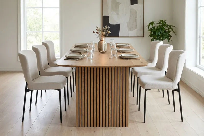 Richeto-ruokailuryhmä tammi 210 cm, 6 Elsie-ruokatuolia - Tammi/valkoinen - Huonekalut - Pöytä & ruokailuryhmä - Ruokailuryhmä