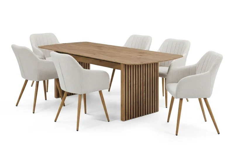 Richeto-ruokailuryhmä tammi 210 cm, 6 Filippa-ruokatuolia, Tammi/valkoinen