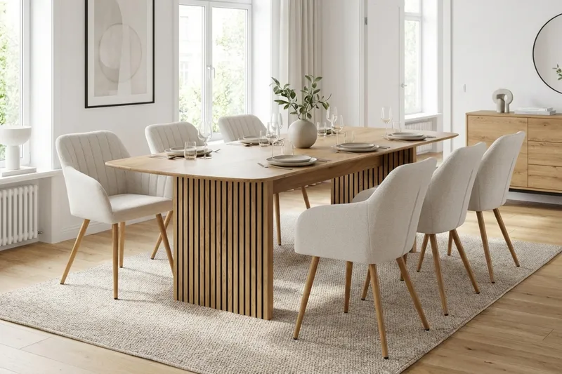 Richeto Ruokailuryhmä Tammi 210 cm 6 Filippa ruokatuolia - Tammi/Valkoinen - Huonekalut - Pöytä & ruokailuryhmä - Ruokailuryhmä