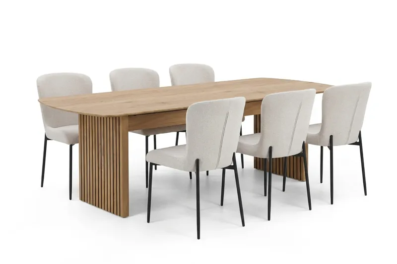 Richeto Ruokailuryhmä Tammi 210 cm ja 6 Elsie Ruokatuolia - Tammi/Valkoinen - Huonekalut - Pöytä & ruokailuryhmä - Ruokailuryhmä