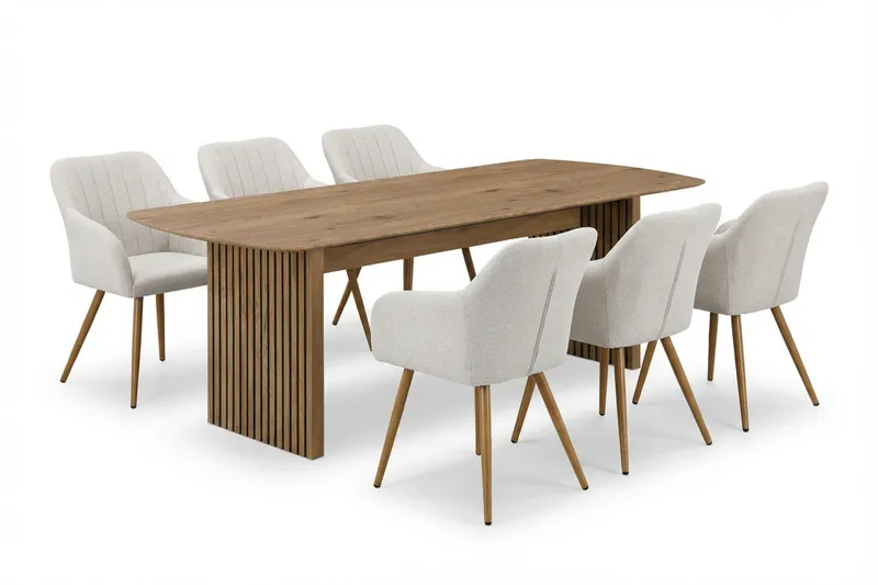 Richeto Ruokailuryhmä Tammi 240 cm 6 Filippa ruokatuolia, Tammi/Valkoinen