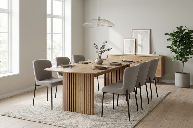 Richeto Ruokailuryhmä Tammi 240 cm ja 6 Elsie Ruokatuolia - Tammi/Vaaleanharmaa - Huonekalut - Pöytä & ruokailuryhmä - Ruokailuryhmä