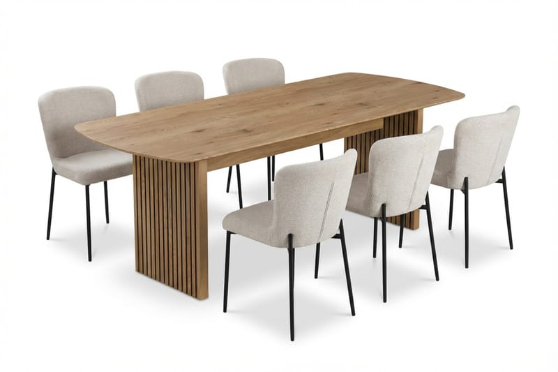 Richeto Ruokailuryhmä Tammi 240 cm ja 6 Elsie Ruokatuolia, Tammi/Valkoinen