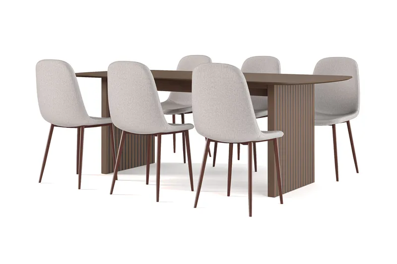 Richeto-ruokapöytä, savutammi 210 cm, pähkinä + 6 kpl Nibe-tuolia, beige, pähkinäjalat, Ruskea/Beige