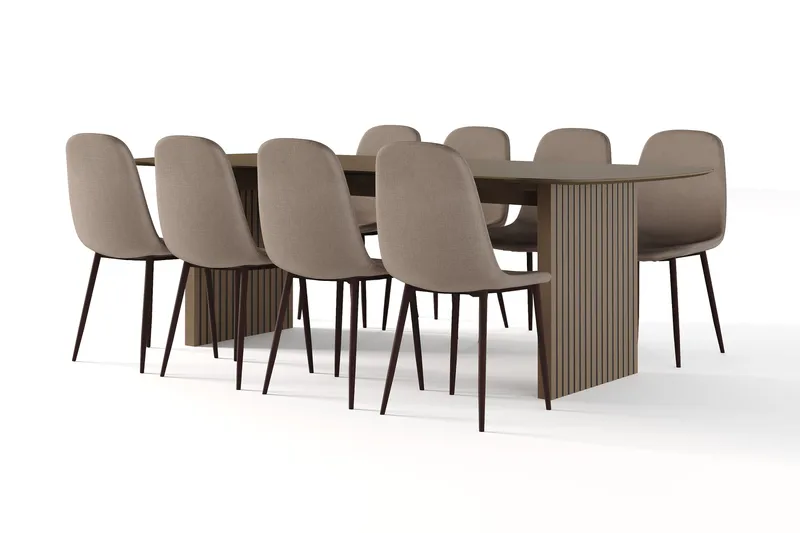 Richeto-ruokapöytä, savutammi 240 cm, pähkinä + 8 kpl Nibe-tuolia, ruskea, pähkinäjalat, Ruskea