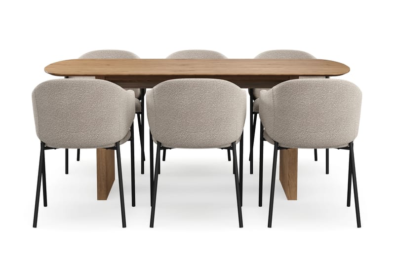 Richeto Ruokapöytä 180 cm 6 Filip Ruokatuolilla - Luonnollinen viimeistely / Taupe Bouclé - Huonekalut - Pöytä & ruokailuryhmä - Ruokailuryhmä